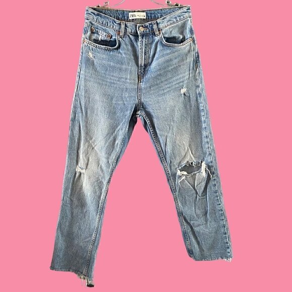 Zara The High Waist kick jeans size 6 blue distressed - Picture 1 of 9